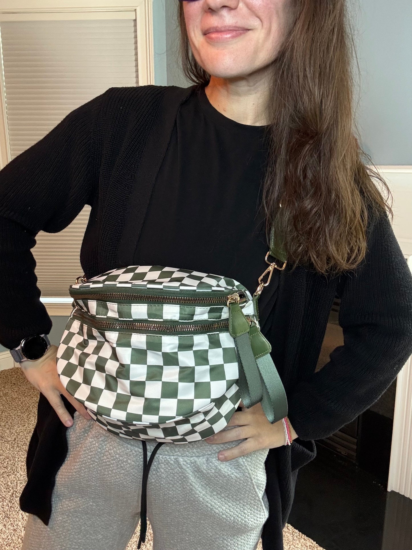The Roni Nylon Crossbody - Checkered Dark Green