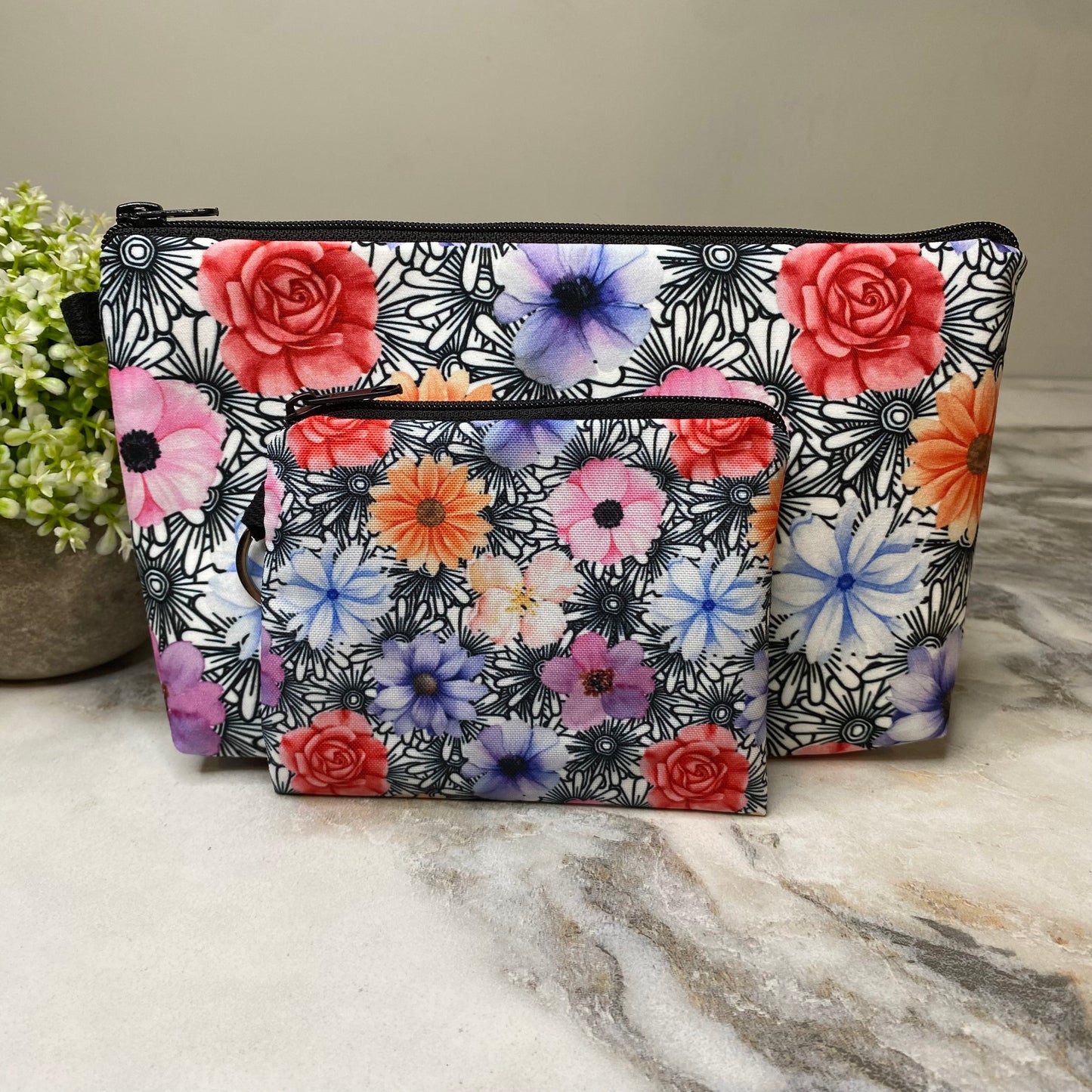 Pouch & Mini Pouch Bundled Set - Floral Black & White