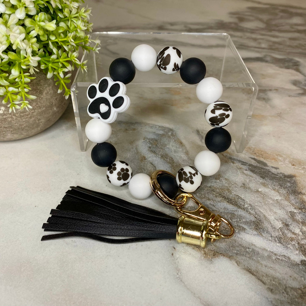 Silicone Bracelet Keychain - Paw Print Black