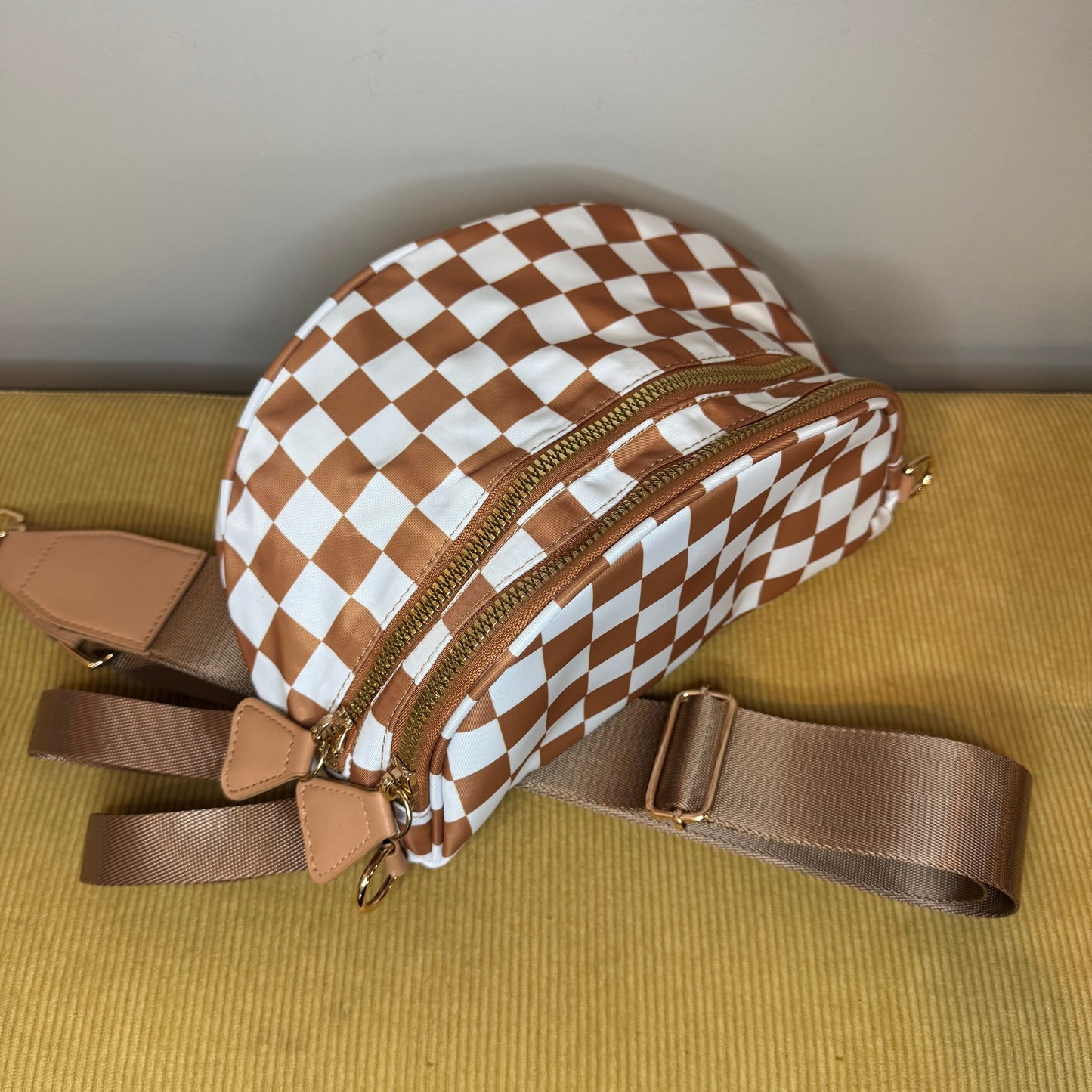 The Roni Nylon Crossbody - Checkered Camel