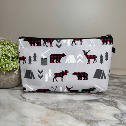 Pouch - Holiday Christmas - Plaid Woodland Creatures on Grey