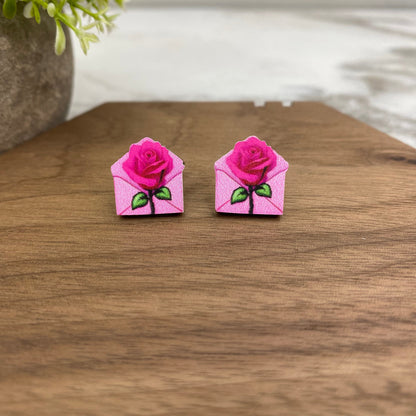 Wooden Stud Earrings - Rose Envelope - #9
