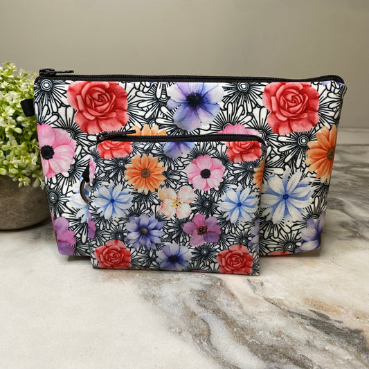 Pouch & Mini Pouch Bundled Set - Floral Black & White