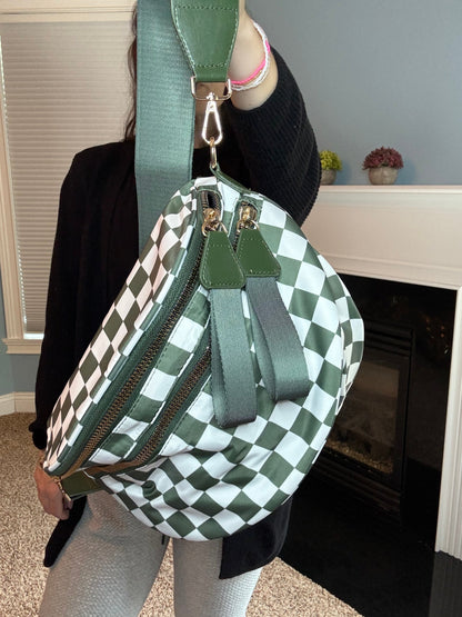 The Roni Nylon Crossbody - Checkered Dark Green