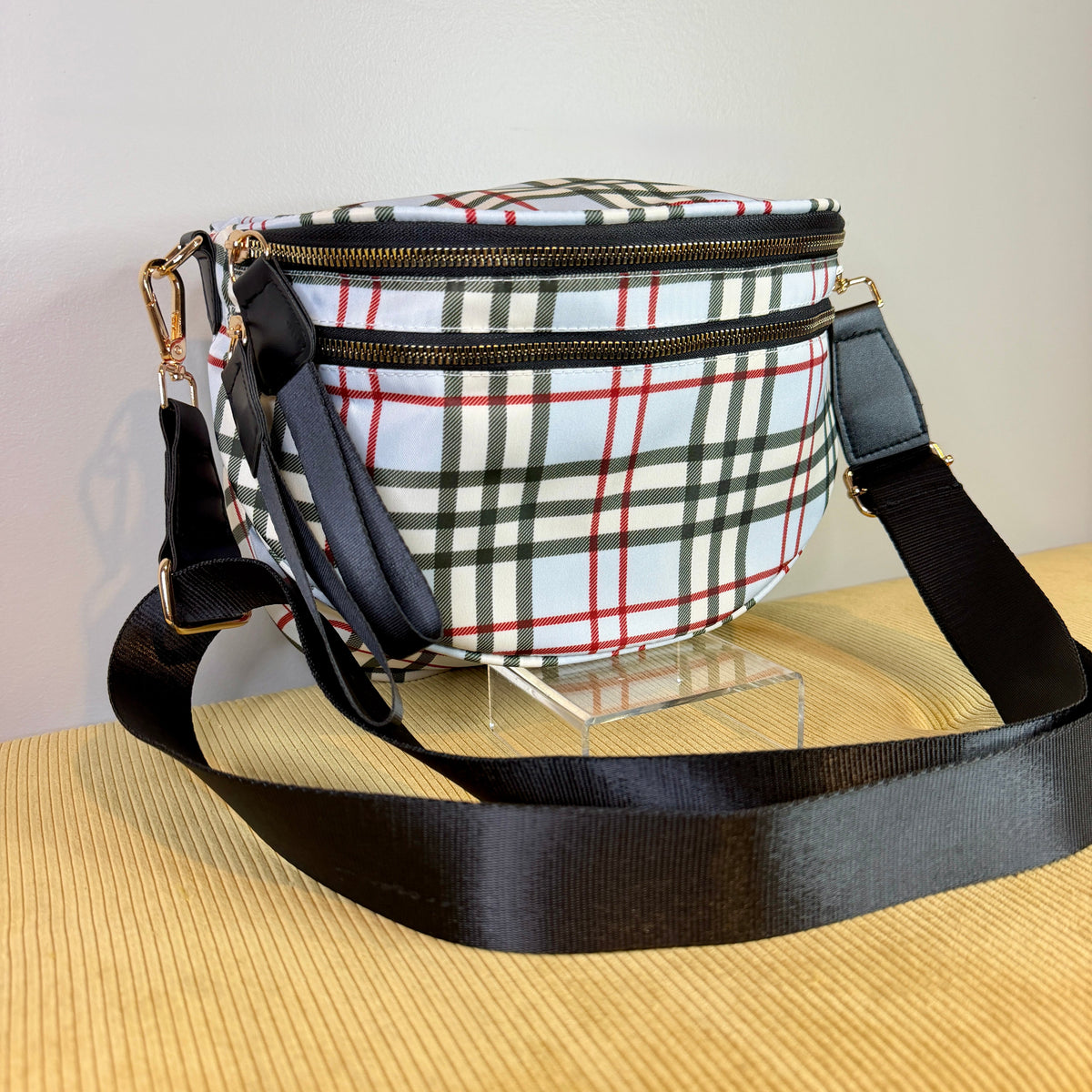 The Roni Nylon Crossbody - Plaid Blue Tan