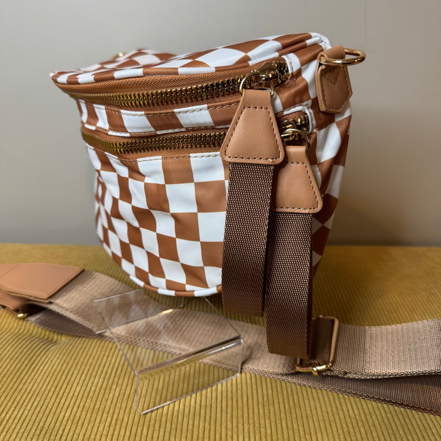 The Roni Nylon Crossbody - Checkered Camel
