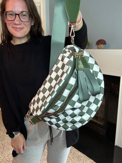 The Roni Nylon Crossbody - Checkered Dark Green