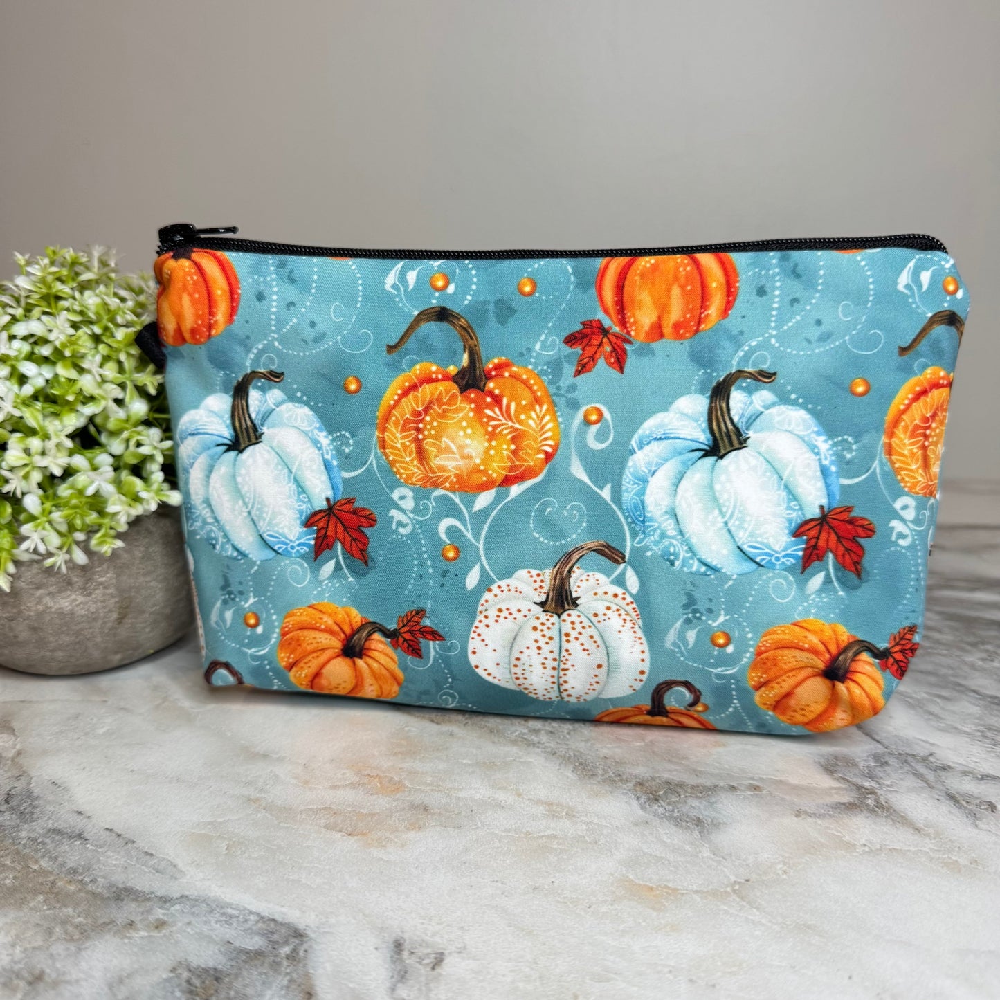 Pouch - Halloween Fall Aqua Filagree Floral Pumpkins
