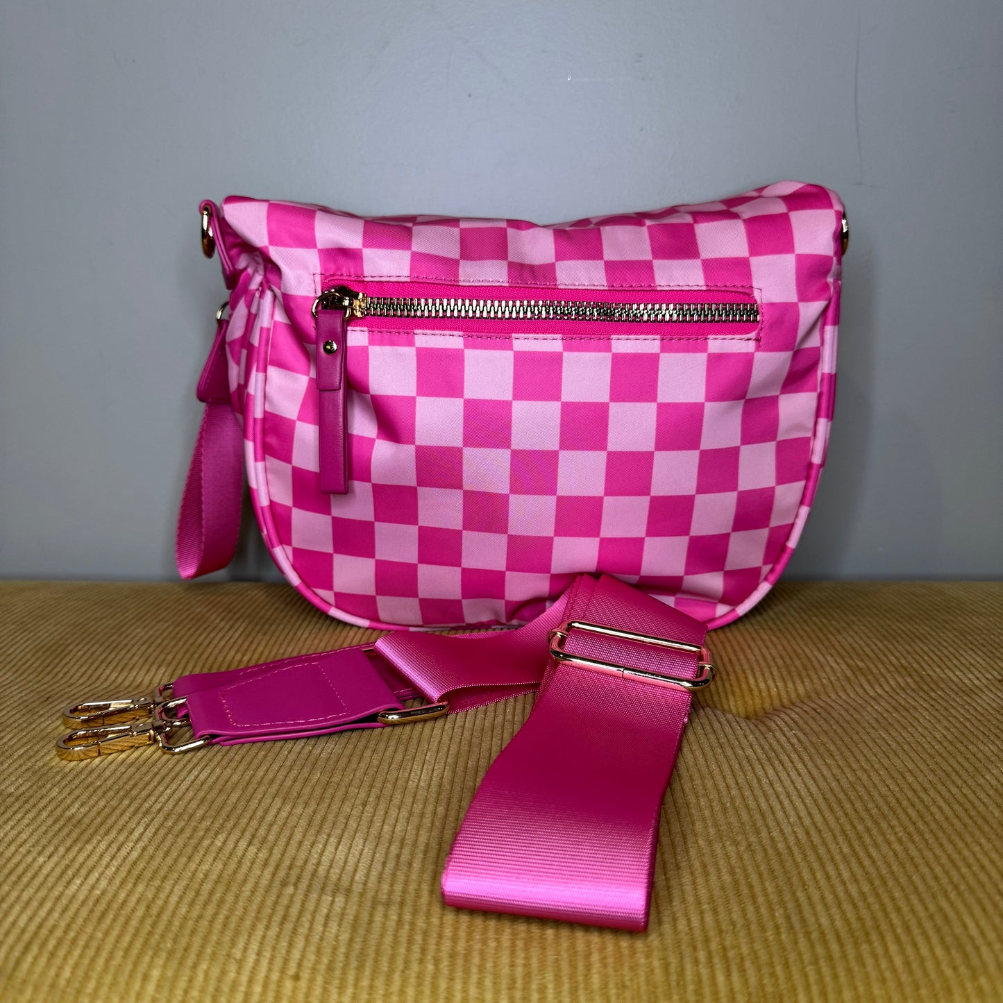 The Roni Nylon Crossbody - Checkered Hot Pink