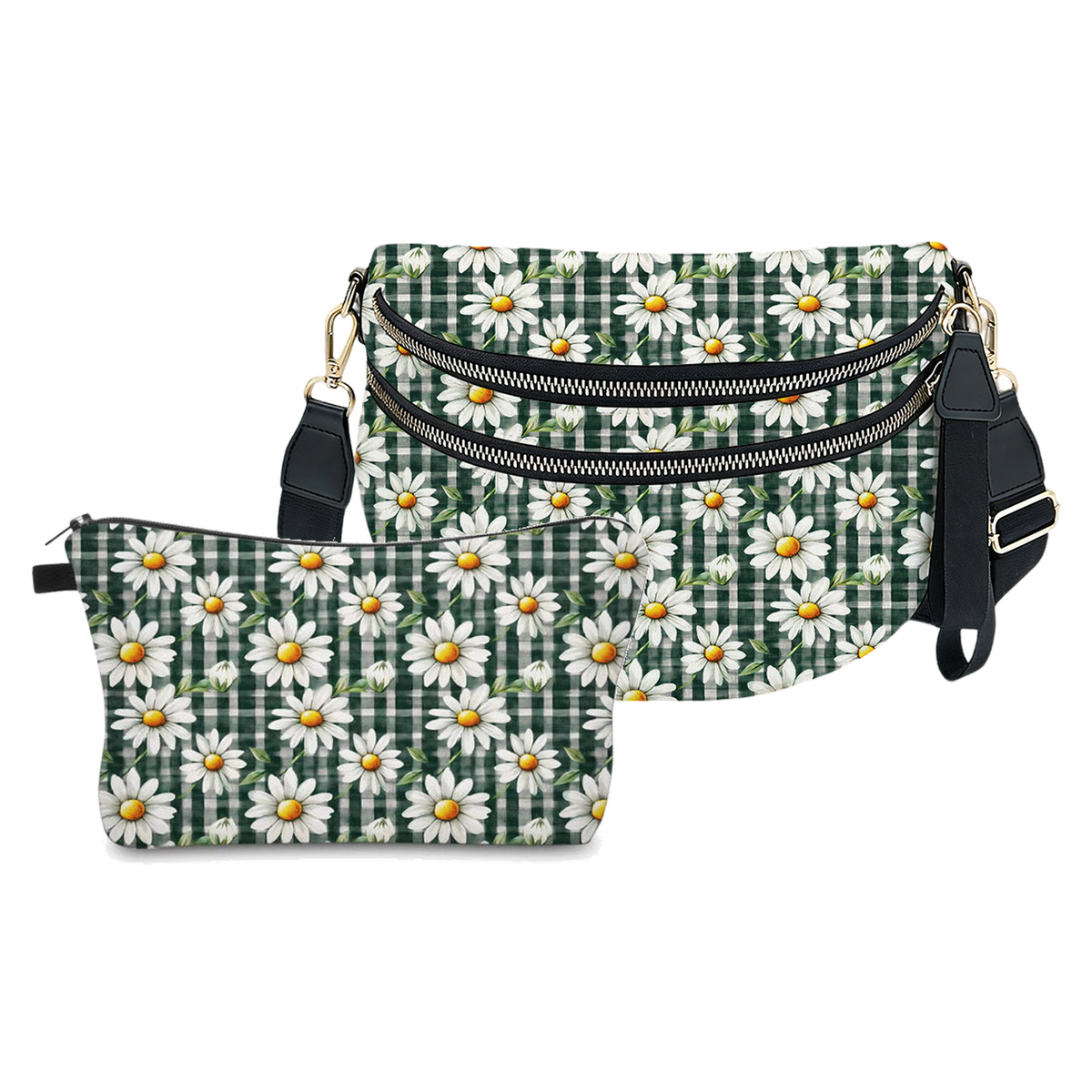 Bundled Set - Roni & Pouch - Floral Daisy Gingham Olive Green